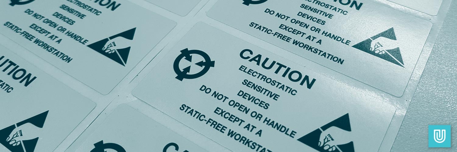 ESD Protected Area warning stickers. To be put in place where there is a risk of electrostatic sensitive devices being damaged and workers being harmed.